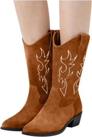 Gibobby Snow Boots for Women Western Cowgirl Boots with Chunky Heel Pointed Toe Mid-Calf Boots