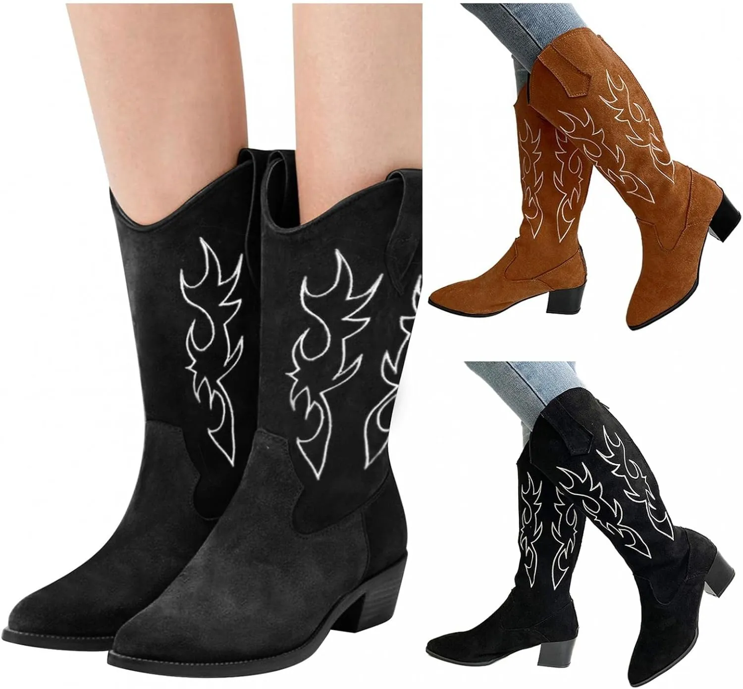 Gibobby Snow Boots for Women Western Cowgirl Boots with Chunky Heel Pointed Toe Mid-Calf Boots