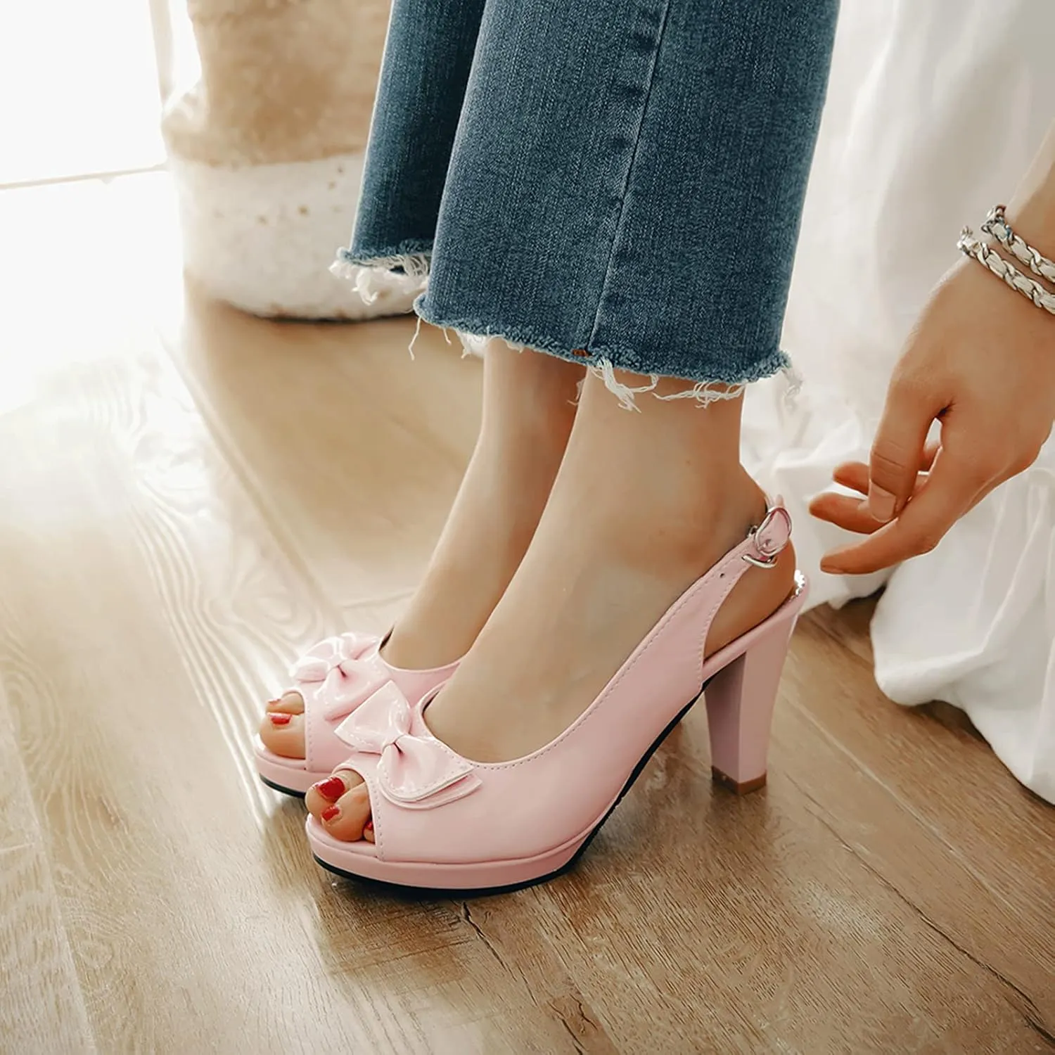Gicoiz Women Peep Toe Block High Heels Lovely Bowtie Slingback Shoes