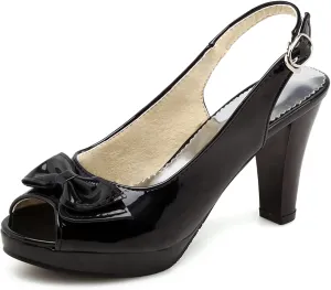 Gicoiz Women Peep Toe Block High Heels Lovely Bowtie Slingback Shoes