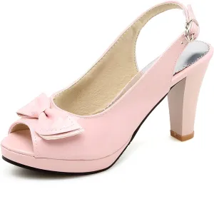 Gicoiz Women Peep Toe Block High Heels Lovely Bowtie Slingback Shoes