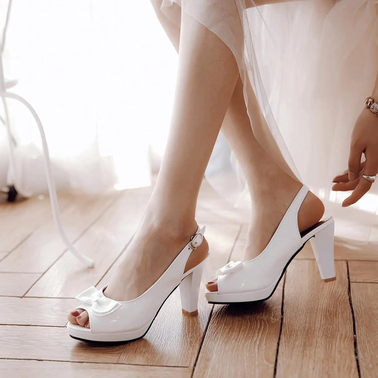 Gicoiz Women Peep Toe Block High Heels Lovely Bowtie Slingback Shoes