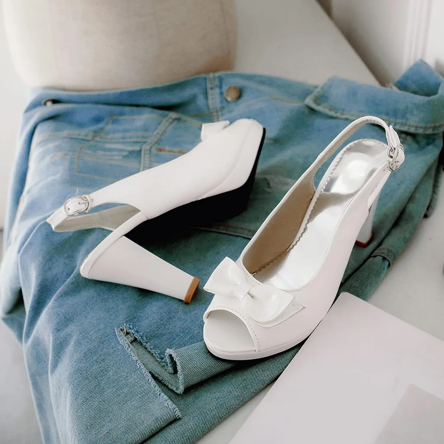 Gicoiz Women Peep Toe Block High Heels Lovely Bowtie Slingback Shoes