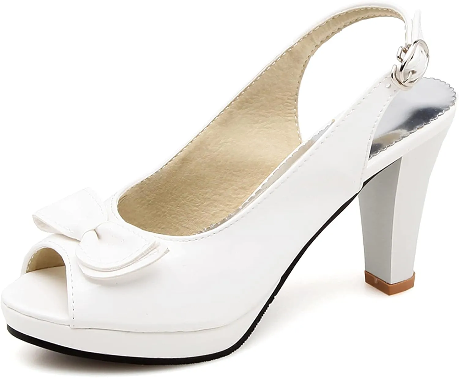 Gicoiz Women Peep Toe Block High Heels Lovely Bowtie Slingback Shoes