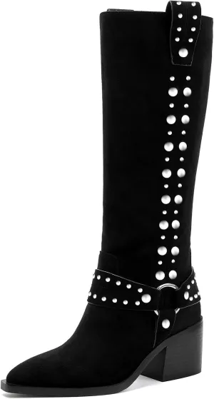 GOSERCE Suede Knee High Boots for Women Pointed Toe Chunky Heel Tall Fall Boots Side Zipper with stud Details Black