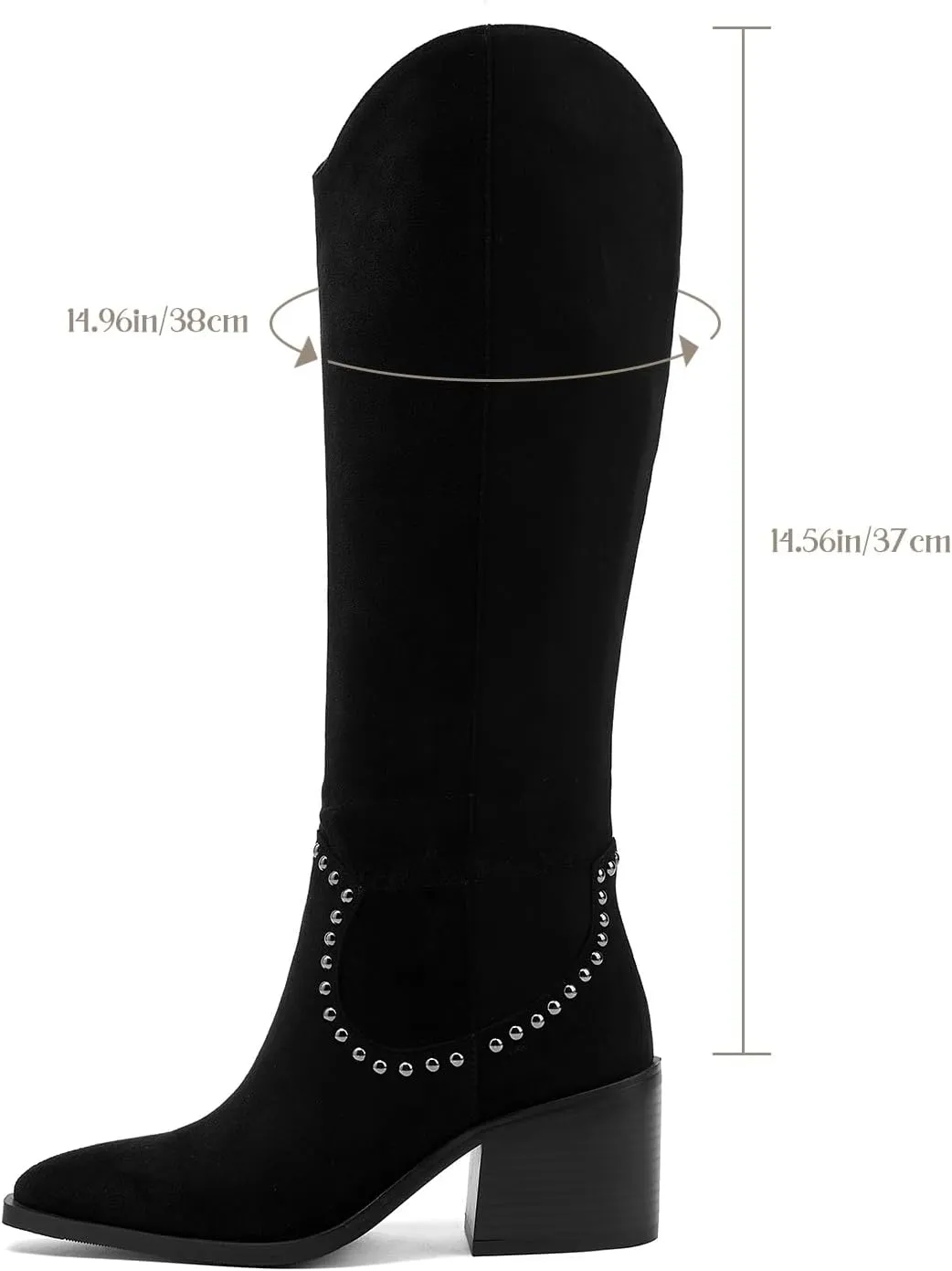GOSERCE Suede Knee High Boots for Women Pointed Toe Chunky Heel Tall Fall Boots Side Zipper with stud Details Black
