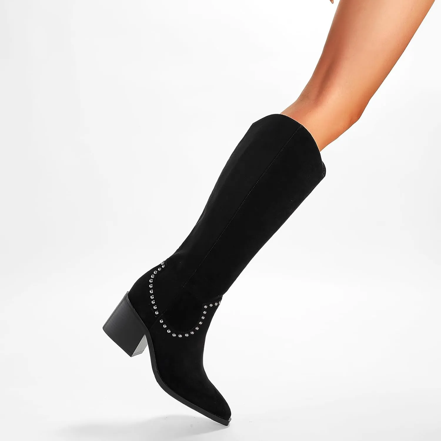 GOSERCE Suede Knee High Boots for Women Pointed Toe Chunky Heel Tall Fall Boots Side Zipper with stud Details Black