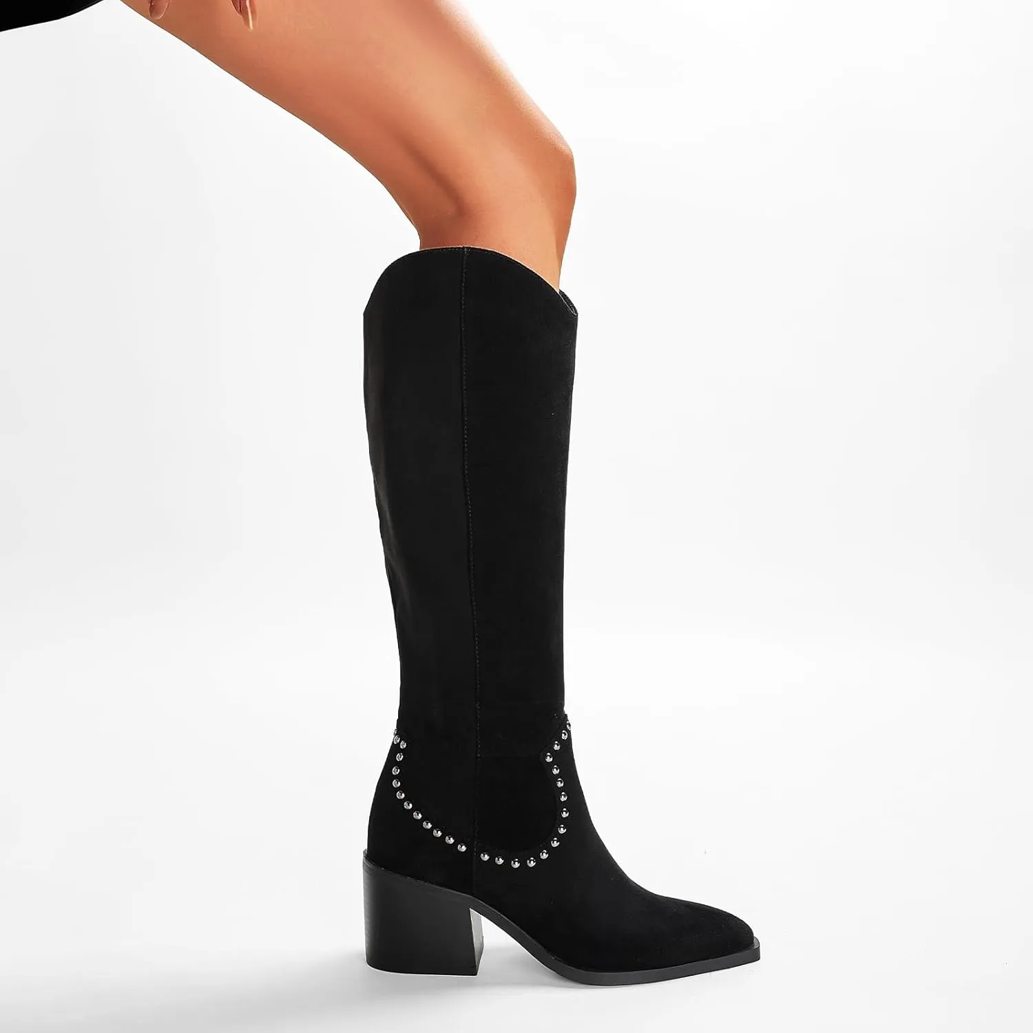 GOSERCE Suede Knee High Boots for Women Pointed Toe Chunky Heel Tall Fall Boots Side Zipper with stud Details Black