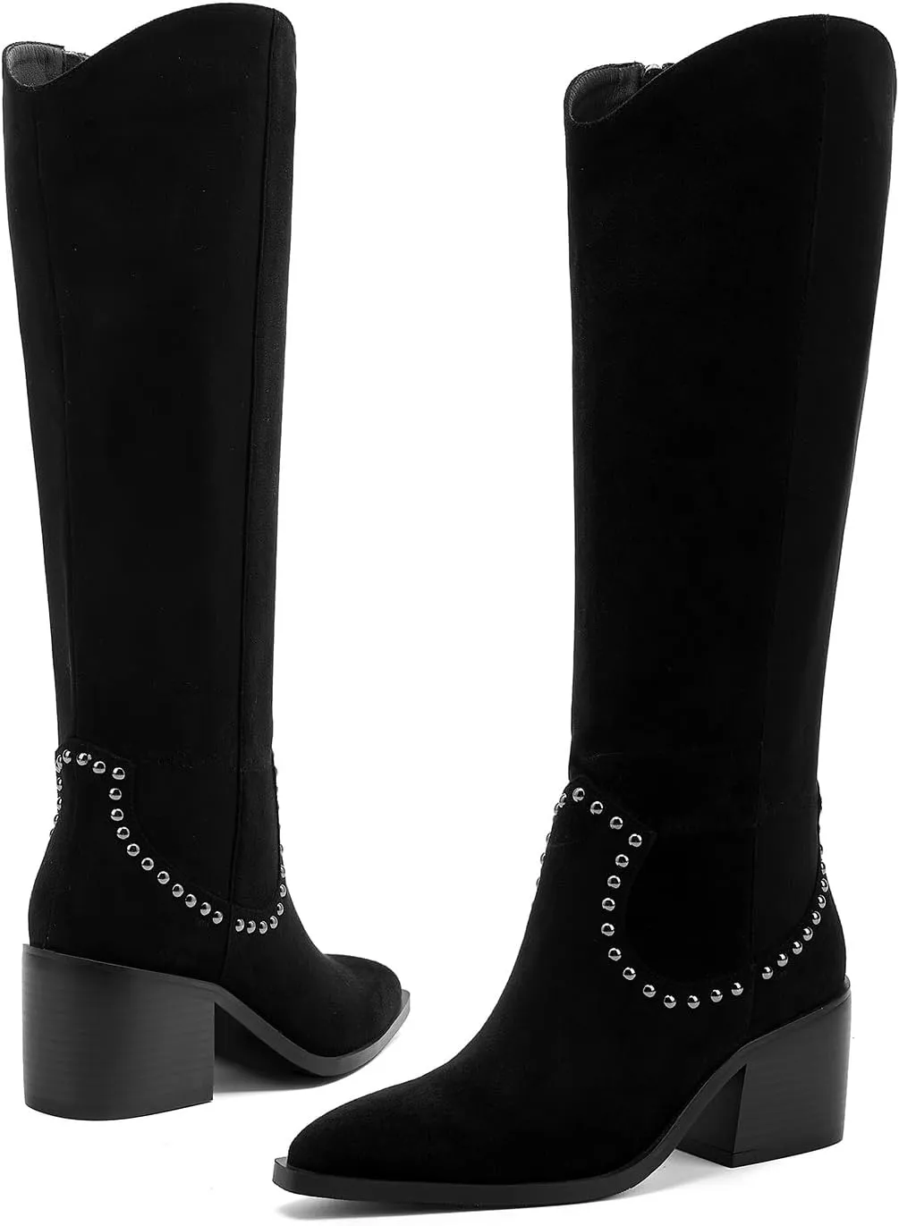 GOSERCE Suede Knee High Boots for Women Pointed Toe Chunky Heel Tall Fall Boots Side Zipper with stud Details Black