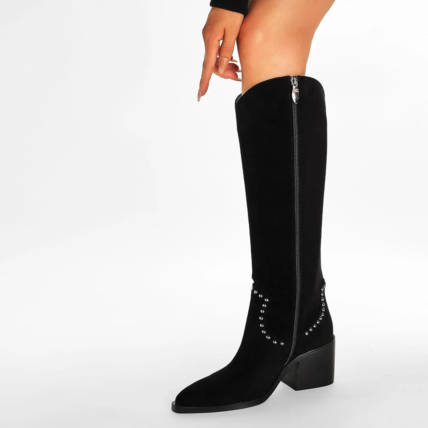 GOSERCE Suede Knee High Boots for Women Pointed Toe Chunky Heel Tall Fall Boots Side Zipper with stud Details Black