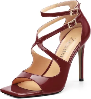 High Heels for Women, Women's Stiletto Heels Cross Strappy Square Open Toe Sexy Sandals Ankle Strap Buckle High Heels Fashion Dress Prom Sandals