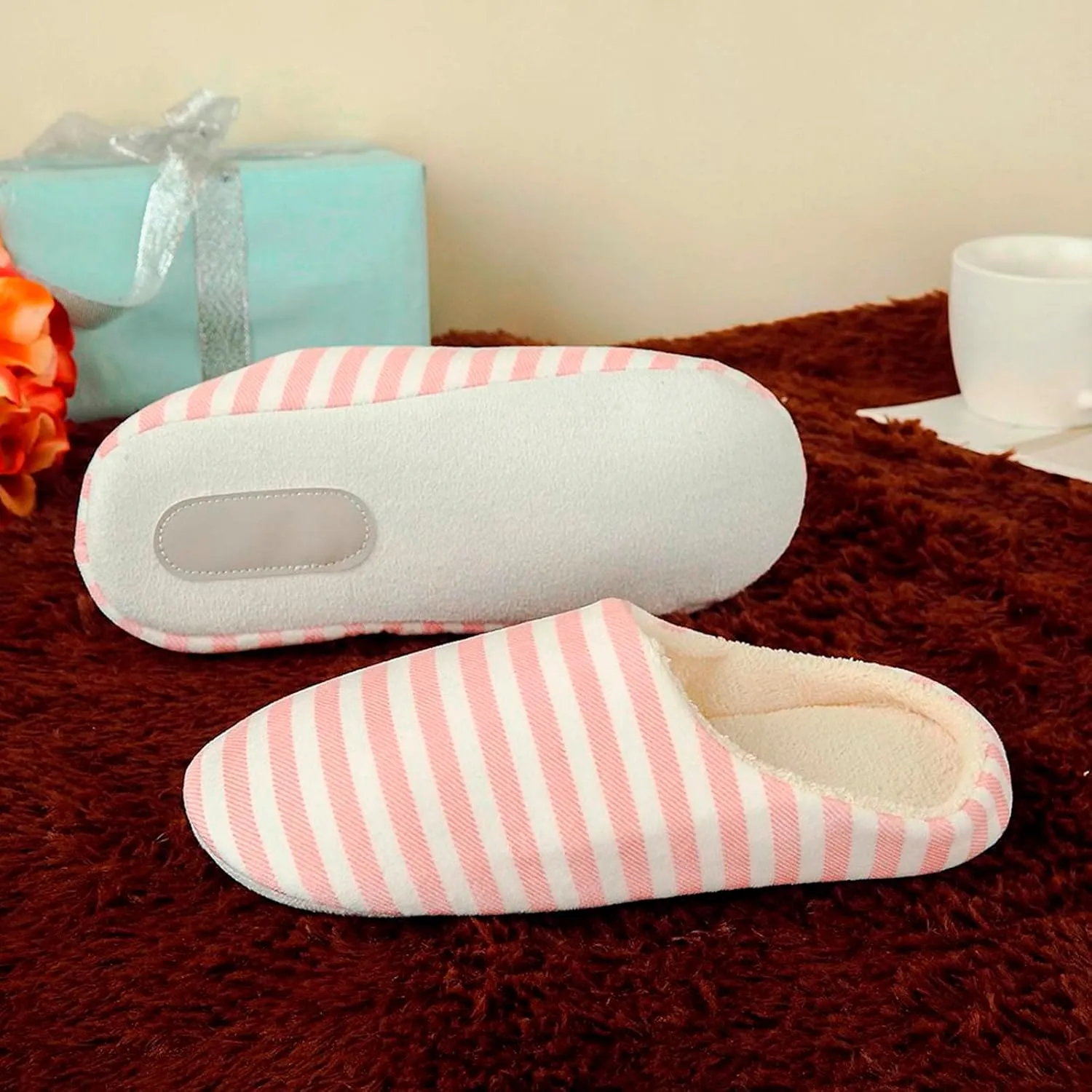 hlysgo Womens Fuzzy House Slipper Colorful Striped Lightweight Indoor Outdoor Winter Bed Slippers with Memory Foam