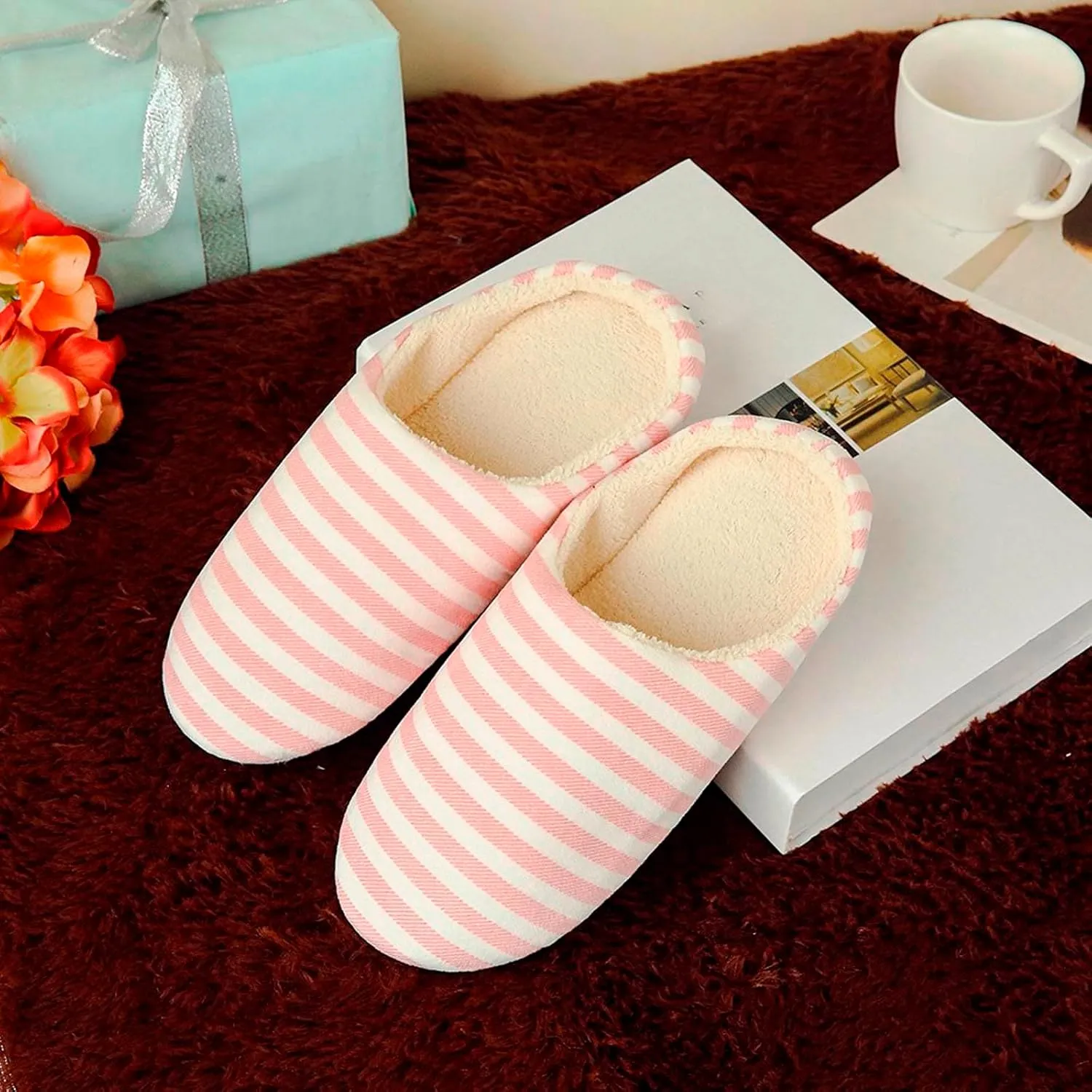 hlysgo Womens Fuzzy House Slipper Colorful Striped Lightweight Indoor Outdoor Winter Bed Slippers with Memory Foam