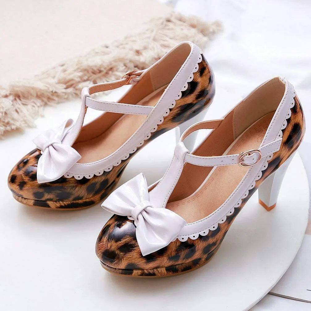 KOKOMOMO Womens Print T-Strap Pumps Bow Mary Jane High Heels Platform Shoes