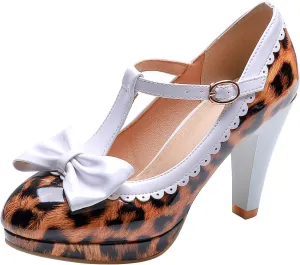 KOKOMOMO Womens Print T-Strap Pumps Bow Mary Jane High Heels Platform Shoes