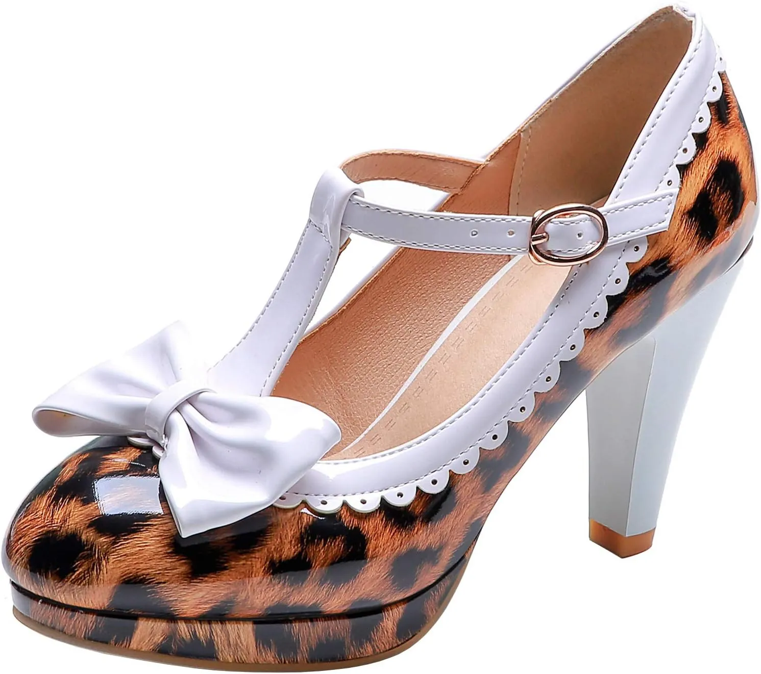 KOKOMOMO Womens Print T-Strap Pumps Bow Mary Jane High Heels Platform Shoes