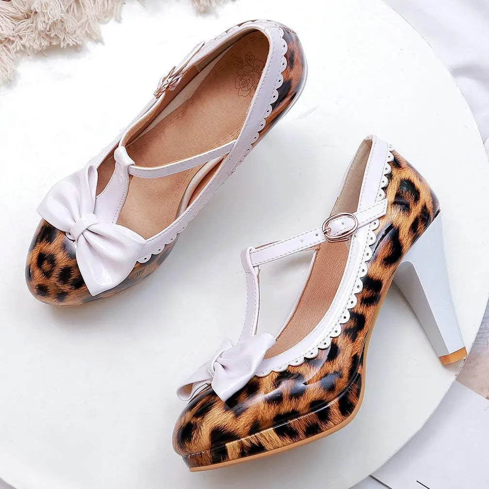 KOKOMOMO Womens Print T-Strap Pumps Bow Mary Jane High Heels Platform Shoes