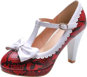 KOKOMOMO Womens Print T-Strap Pumps Bow Mary Jane High Heels Platform Shoes