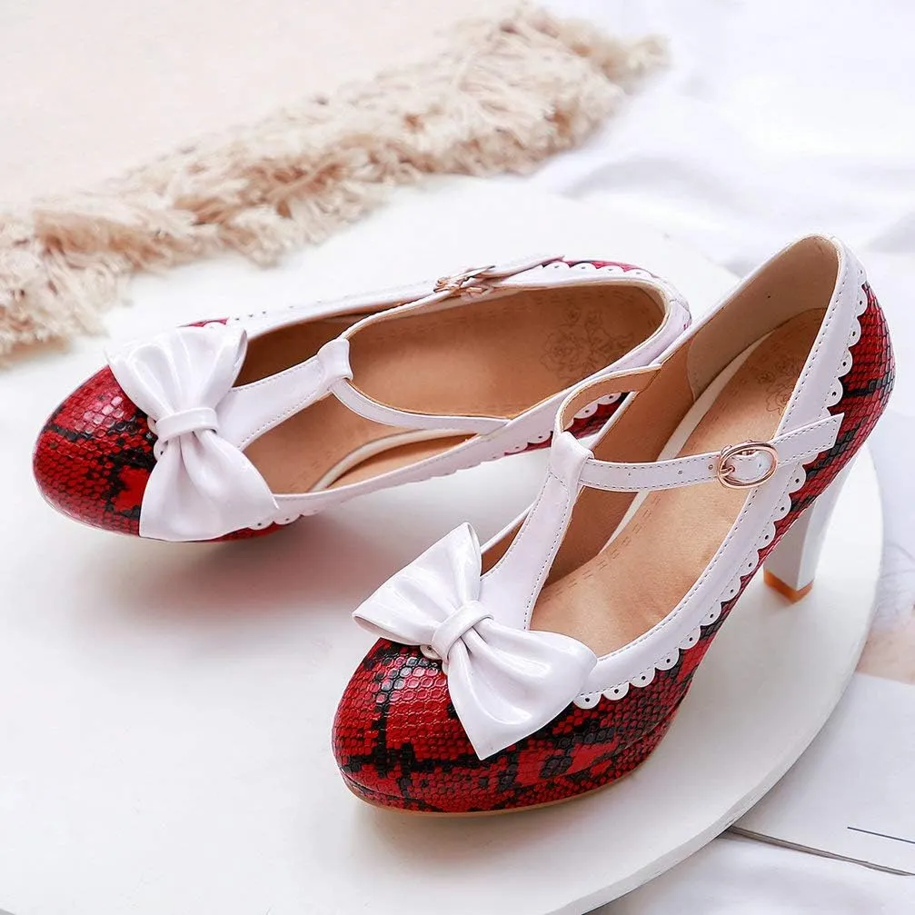 KOKOMOMO Womens Print T-Strap Pumps Bow Mary Jane High Heels Platform Shoes