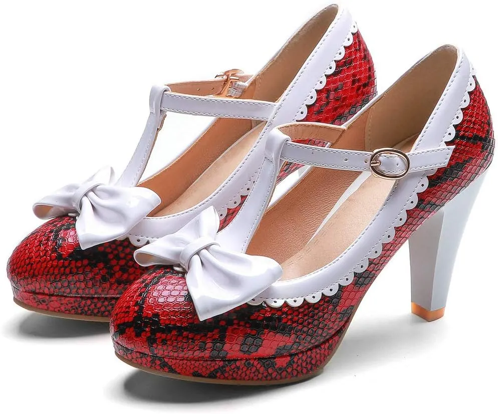 KOKOMOMO Womens Print T-Strap Pumps Bow Mary Jane High Heels Platform Shoes