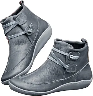 Ladmiple Boots For Women No Heel Fashion Ankle Boots Short Booties Cowboy Cowgirl Western Classic Retro Casual Walking Shoes