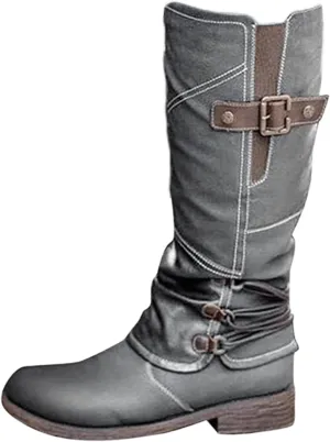 Ladmiple Cowboy Boots For Women Knee High Wide Calf Cowgirl Boots Mid Heel Retro Fashion Tall Boot Pull On for Ladies