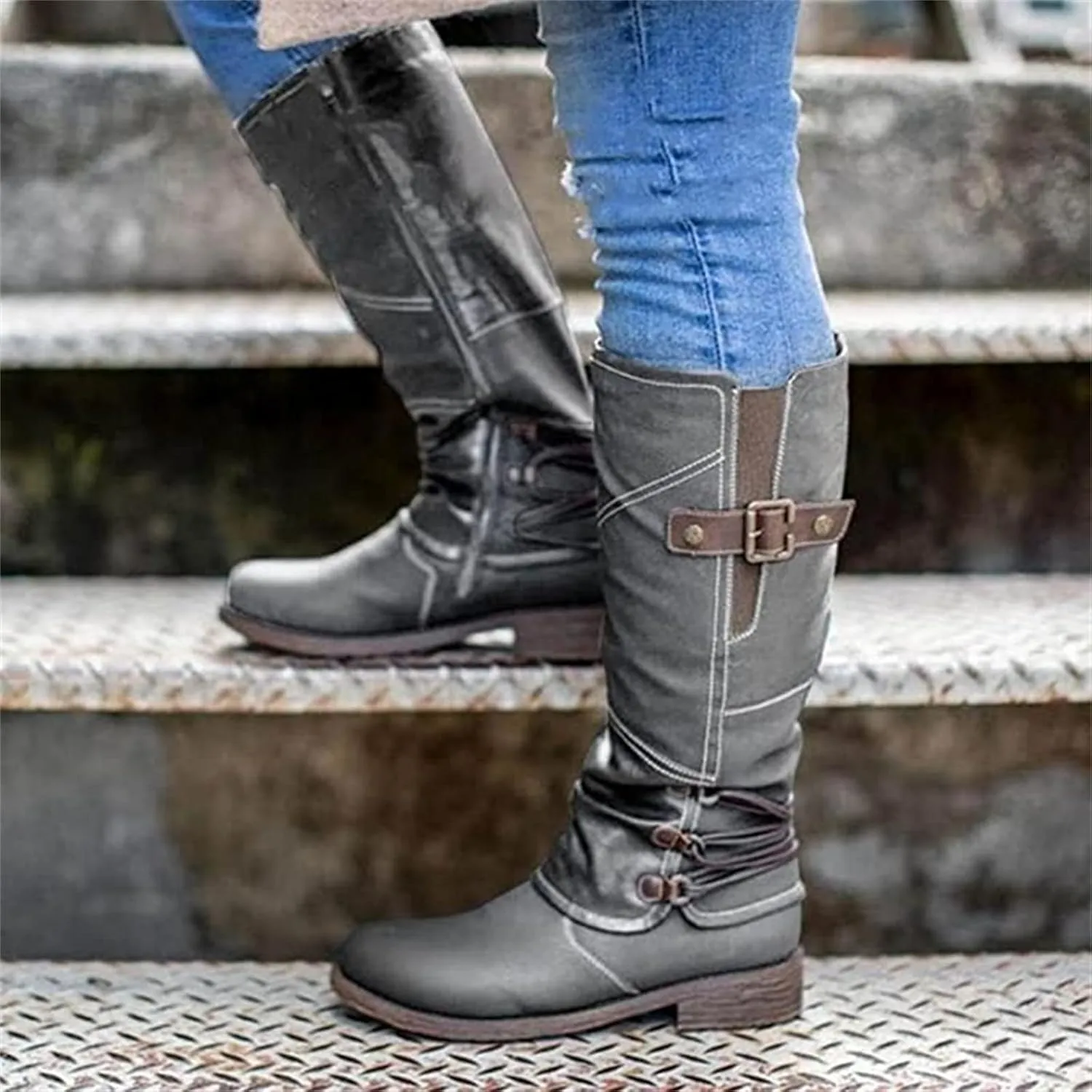 Ladmiple Cowboy Boots For Women Knee High Wide Calf Cowgirl Boots Mid Heel Retro Fashion Tall Boot Pull On for Ladies