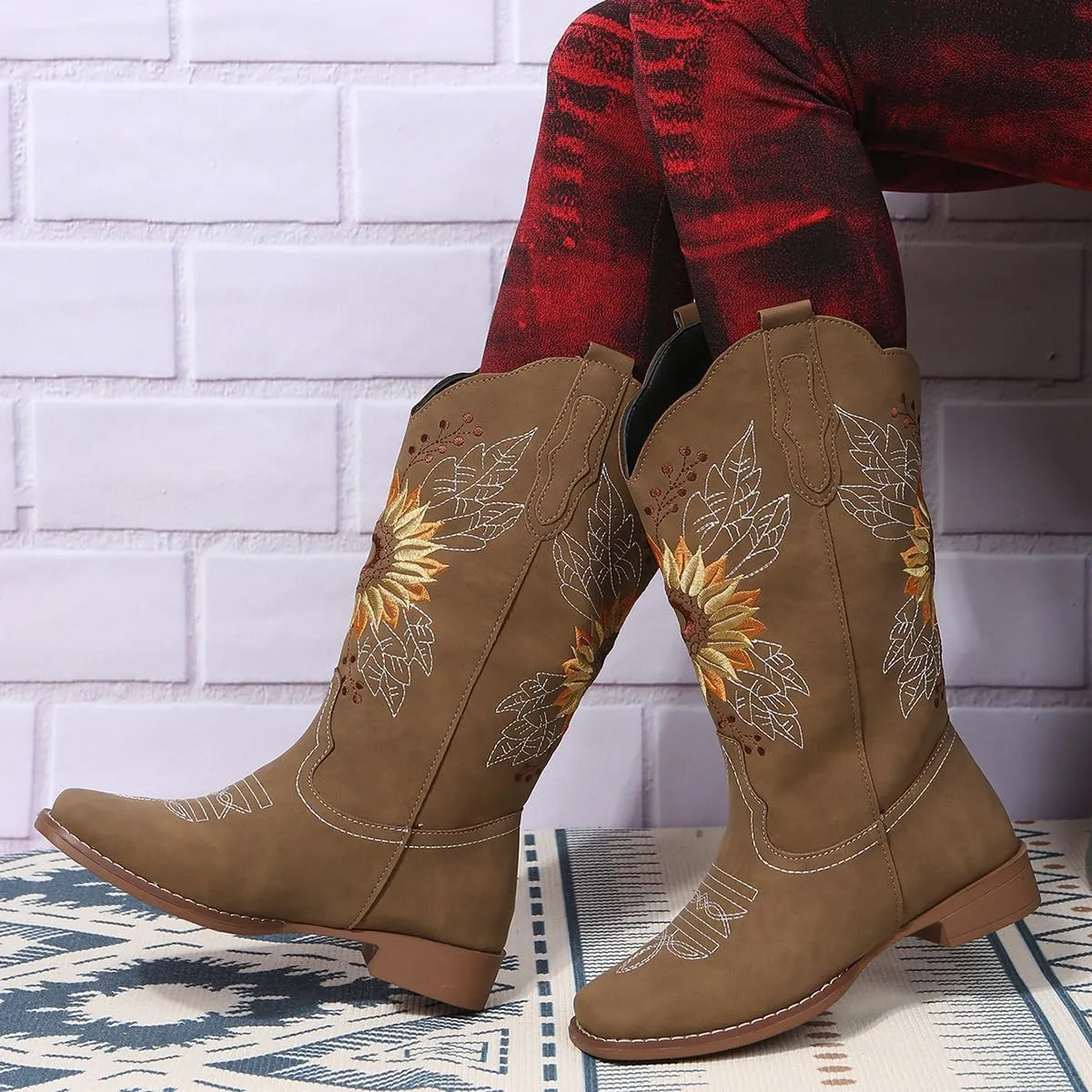 Ladmiple Cowgirl Boots Women Mid Calf Embroidered Pull On Cowboy Boots Block Chunky Heel Western Riding Wedding Boots