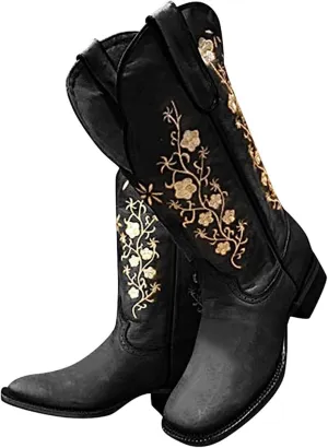 Ladmiple Cowgirl Boots Women Mid Calf Embroidered Pull On Cowboy Boots Block Chunky Heel Western Riding Wedding Boots