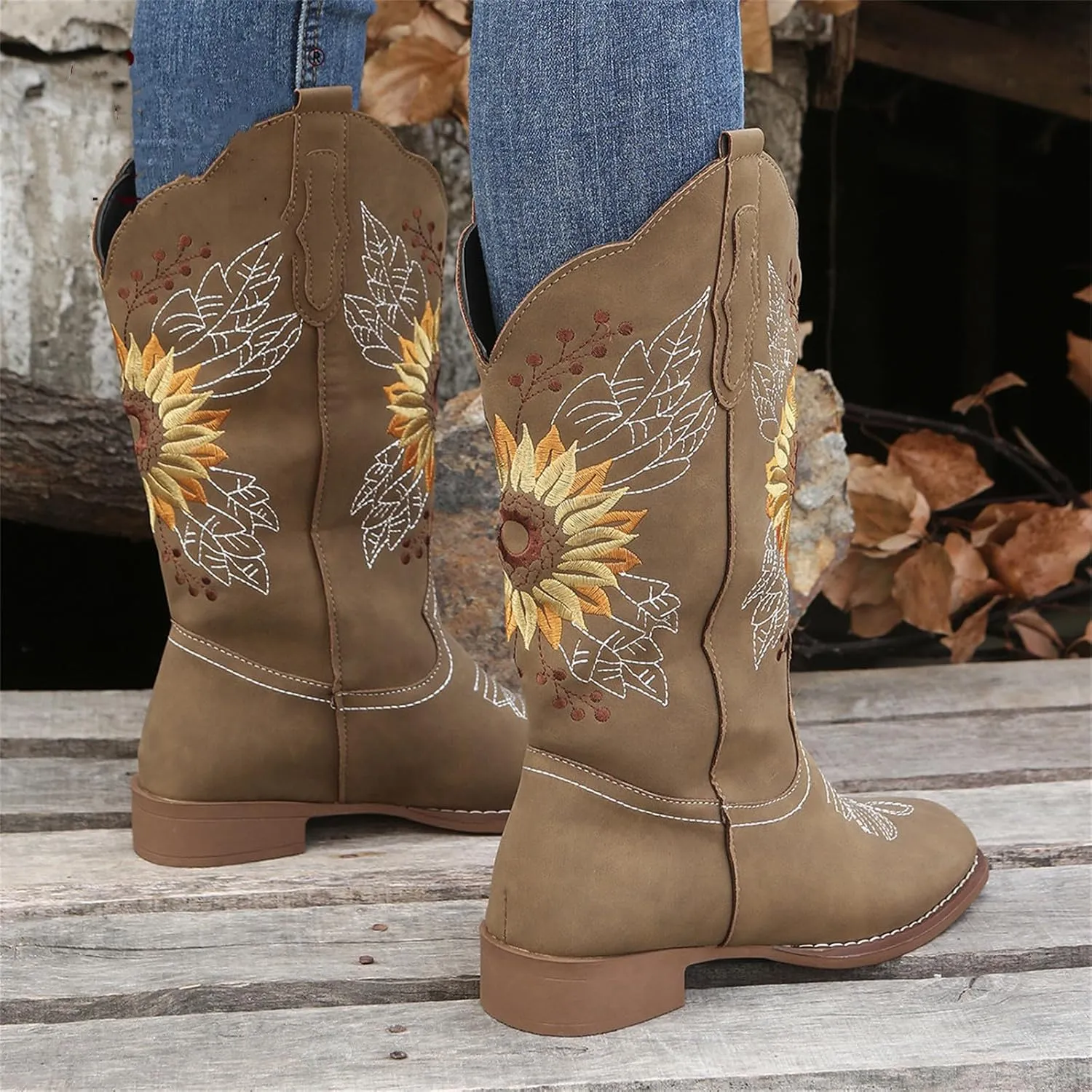 Ladmiple Cowgirl Boots Women Mid Calf Embroidered Pull On Cowboy Boots Block Chunky Heel Western Riding Wedding Boots
