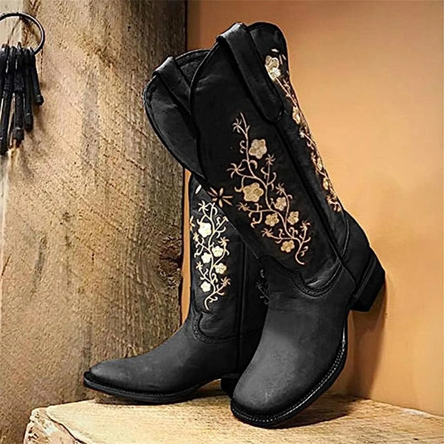 Ladmiple Cowgirl Boots Women Mid Calf Embroidered Pull On Cowboy Boots Block Chunky Heel Western Riding Wedding Boots