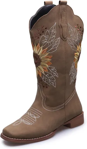 Ladmiple Cowgirl Boots Women Mid Calf Embroidered Pull On Cowboy Boots Block Chunky Heel Western Riding Wedding Boots