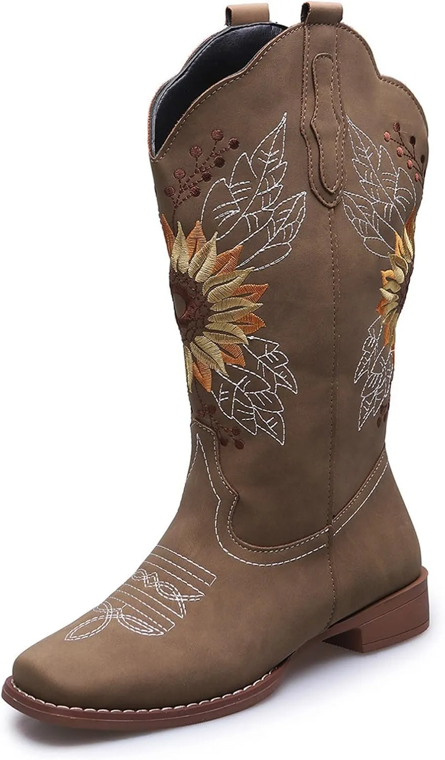 Ladmiple Cowgirl Boots Women Mid Calf Embroidered Pull On Cowboy Boots Block Chunky Heel Western Riding Wedding Boots