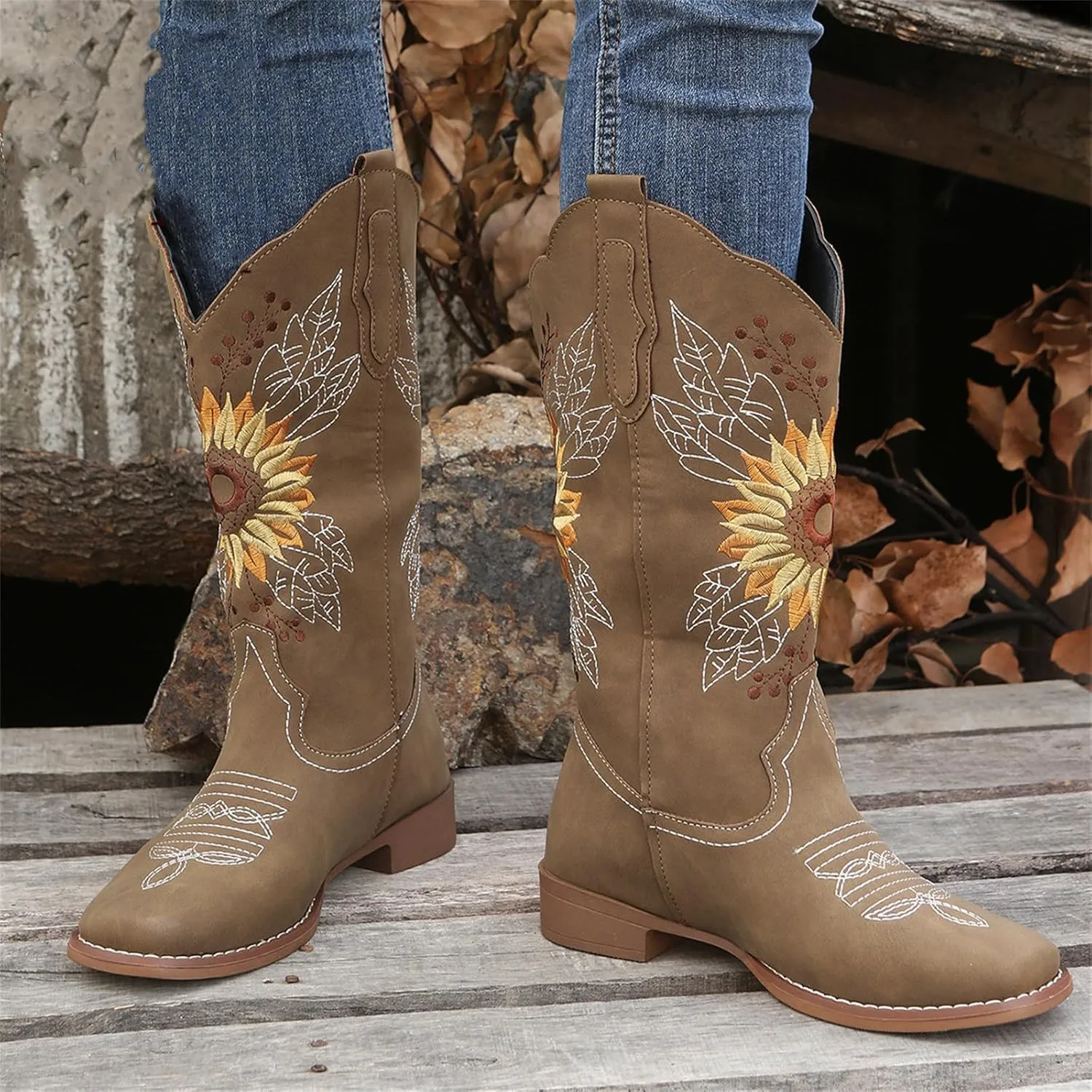 Ladmiple Cowgirl Boots Women Mid Calf Embroidered Pull On Cowboy Boots Block Chunky Heel Western Riding Wedding Boots