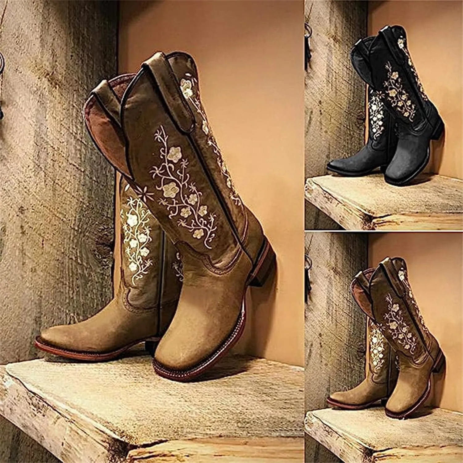 Ladmiple Cowgirl Boots Women Mid Calf Embroidered Pull On Cowboy Boots Block Chunky Heel Western Riding Wedding Boots
