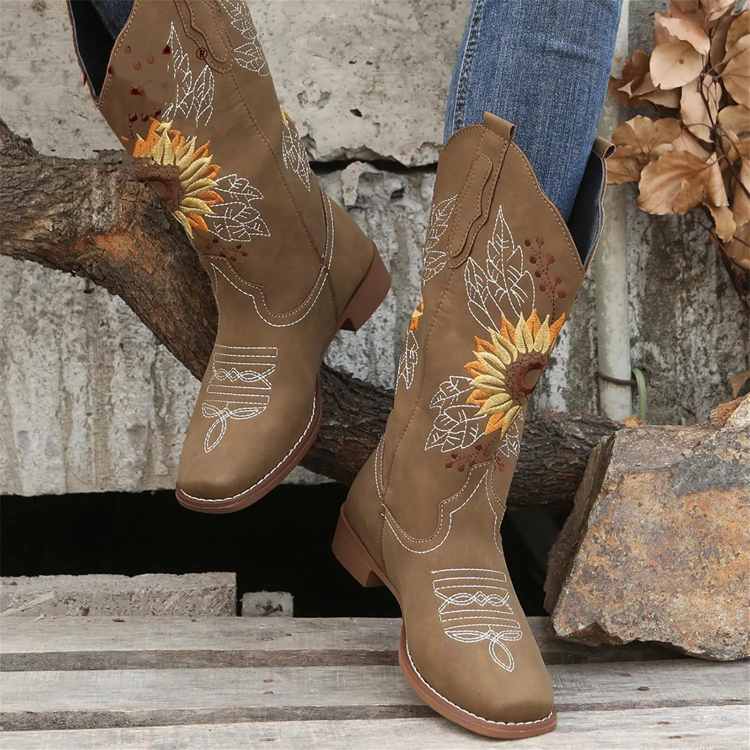 Ladmiple Cowgirl Boots Women Mid Calf Embroidered Pull On Cowboy Boots Block Chunky Heel Western Riding Wedding Boots