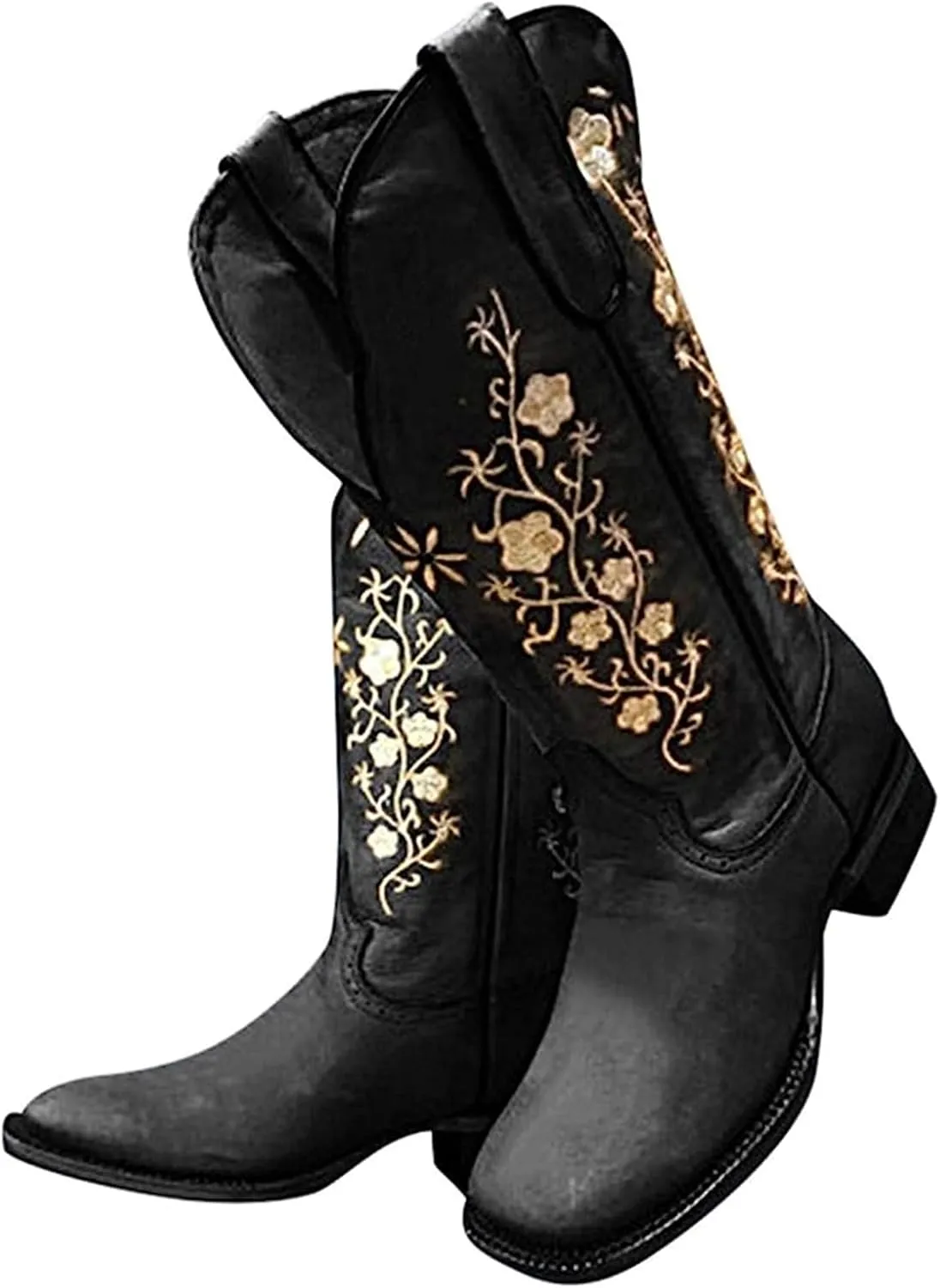 Ladmiple Cowgirl Boots Women Mid Calf Embroidered Pull On Cowboy Boots Block Chunky Heel Western Riding Wedding Boots