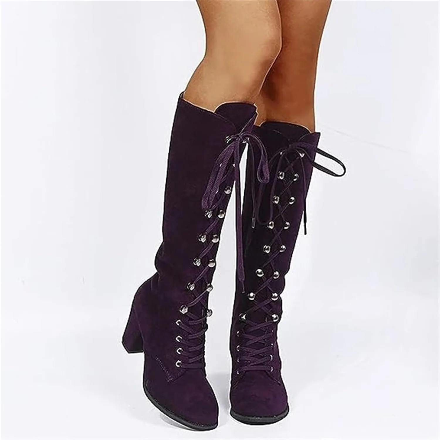 Ladmiple Fall Boots Women Knee High Wide Calf Chunky Stacked Low Block Heels Lace Up Classic Vintage Sexy Dress Shoes