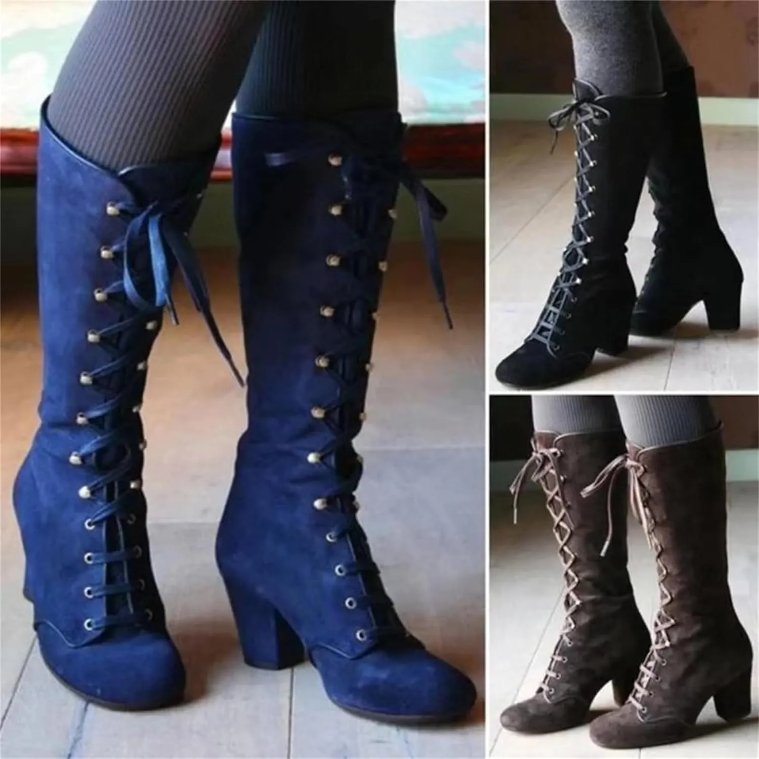 Ladmiple Fall Boots Women Knee High Wide Calf Chunky Stacked Low Block Heels Lace Up Classic Vintage Sexy Dress Shoes
