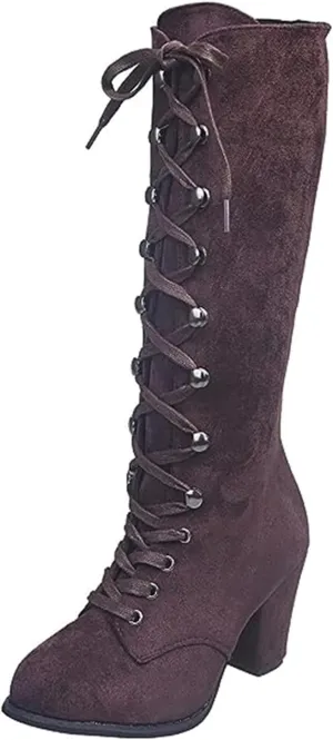 Ladmiple Fall Boots Women Knee High Wide Calf Chunky Stacked Low Block Heels Lace Up Classic Vintage Sexy Dress Shoes