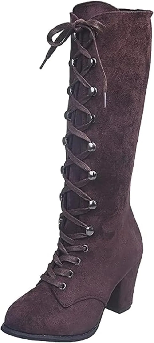Ladmiple Fall Boots Women Knee High Wide Calf Chunky Stacked Low Block Heels Lace Up Classic Vintage Sexy Dress Shoes