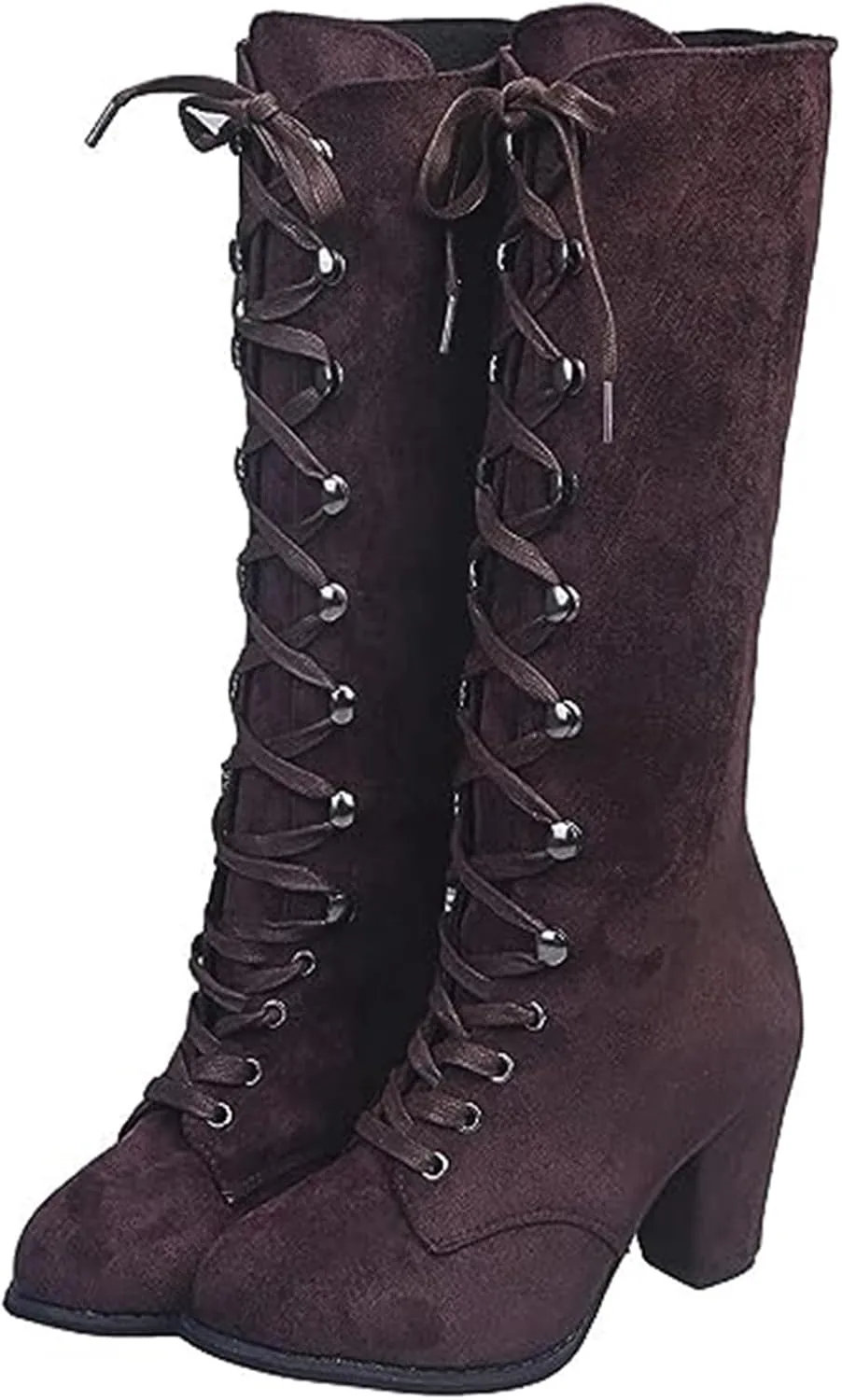 Ladmiple Fall Boots Women Knee High Wide Calf Chunky Stacked Low Block Heels Lace Up Classic Vintage Sexy Dress Shoes