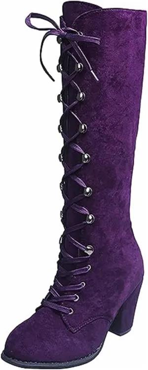 Ladmiple Fall Boots Women Knee High Wide Calf Chunky Stacked Low Block Heels Lace Up Classic Vintage Sexy Dress Shoes