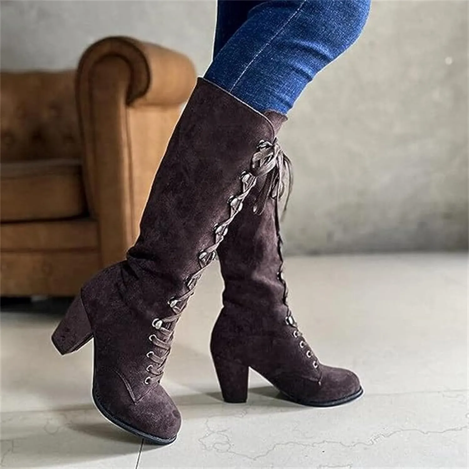 Ladmiple Fall Boots Women Knee High Wide Calf Chunky Stacked Low Block Heels Lace Up Classic Vintage Sexy Dress Shoes
