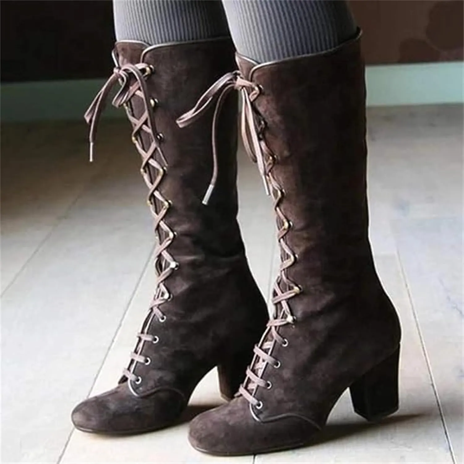 Ladmiple Fall Boots Women Knee High Wide Calf Chunky Stacked Low Block Heels Lace Up Classic Vintage Sexy Dress Shoes