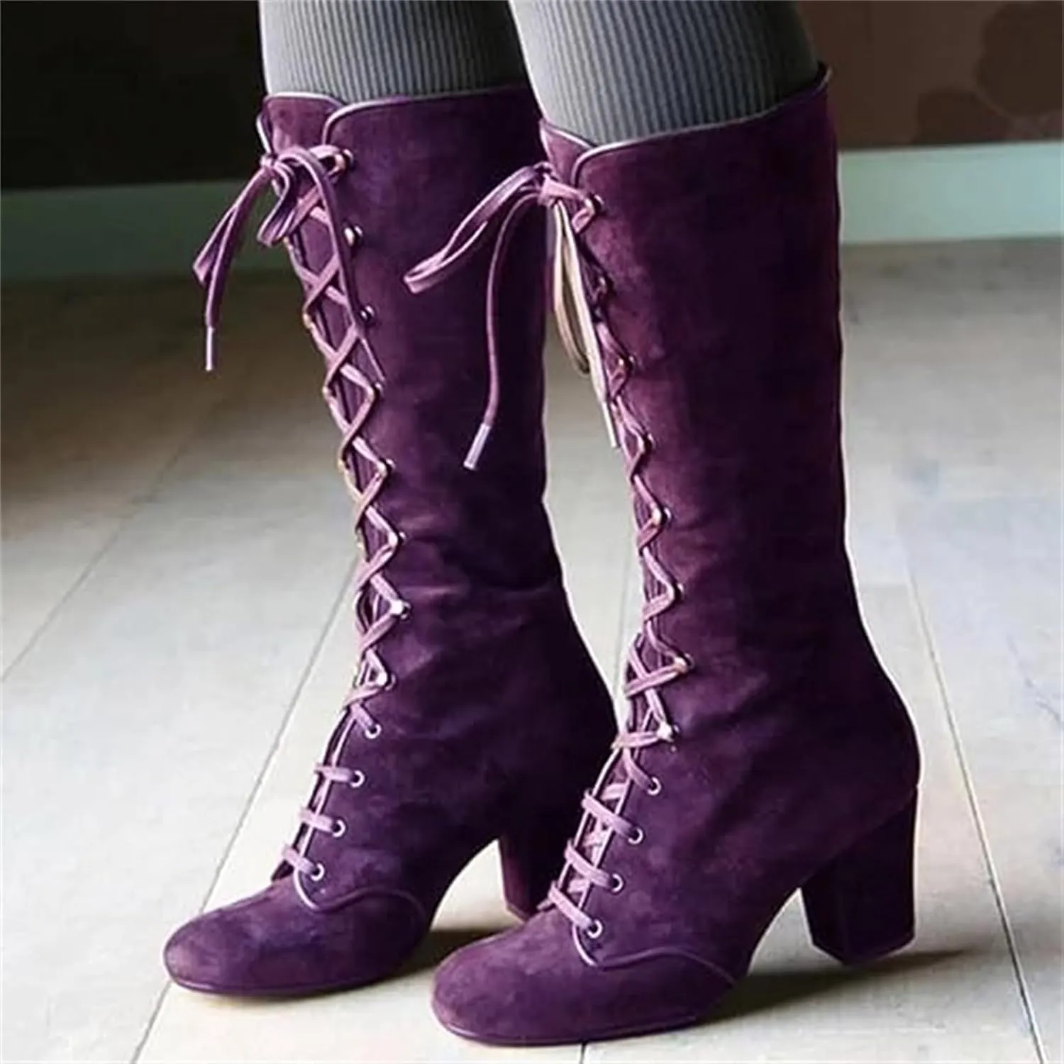 Ladmiple Fall Boots Women Knee High Wide Calf Chunky Stacked Low Block Heels Lace Up Classic Vintage Sexy Dress Shoes