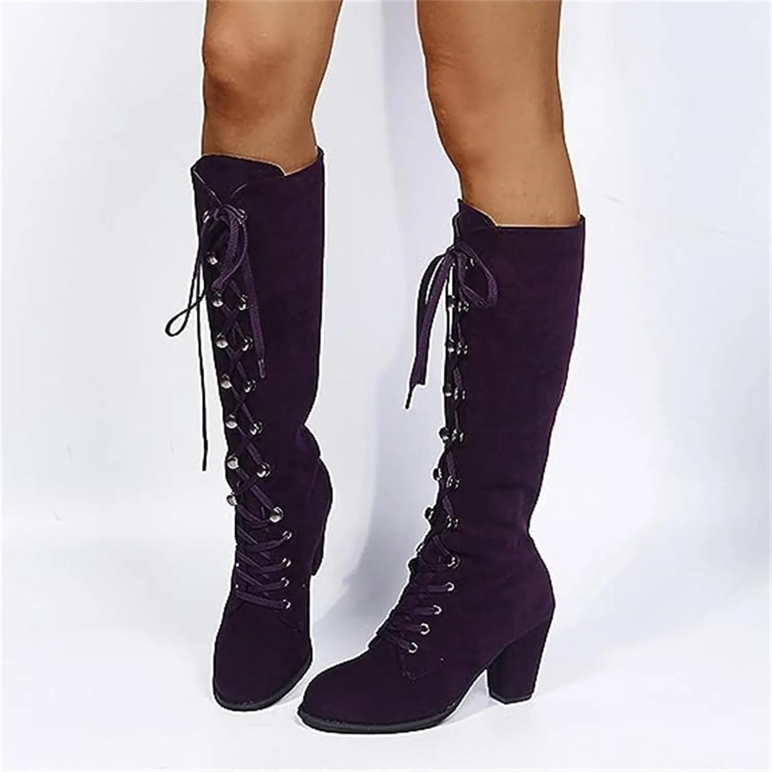 Ladmiple Fall Boots Women Knee High Wide Calf Chunky Stacked Low Block Heels Lace Up Classic Vintage Sexy Dress Shoes