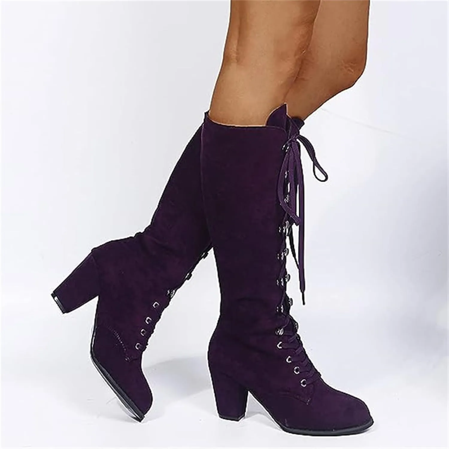Ladmiple Fall Boots Women Knee High Wide Calf Chunky Stacked Low Block Heels Lace Up Classic Vintage Sexy Dress Shoes