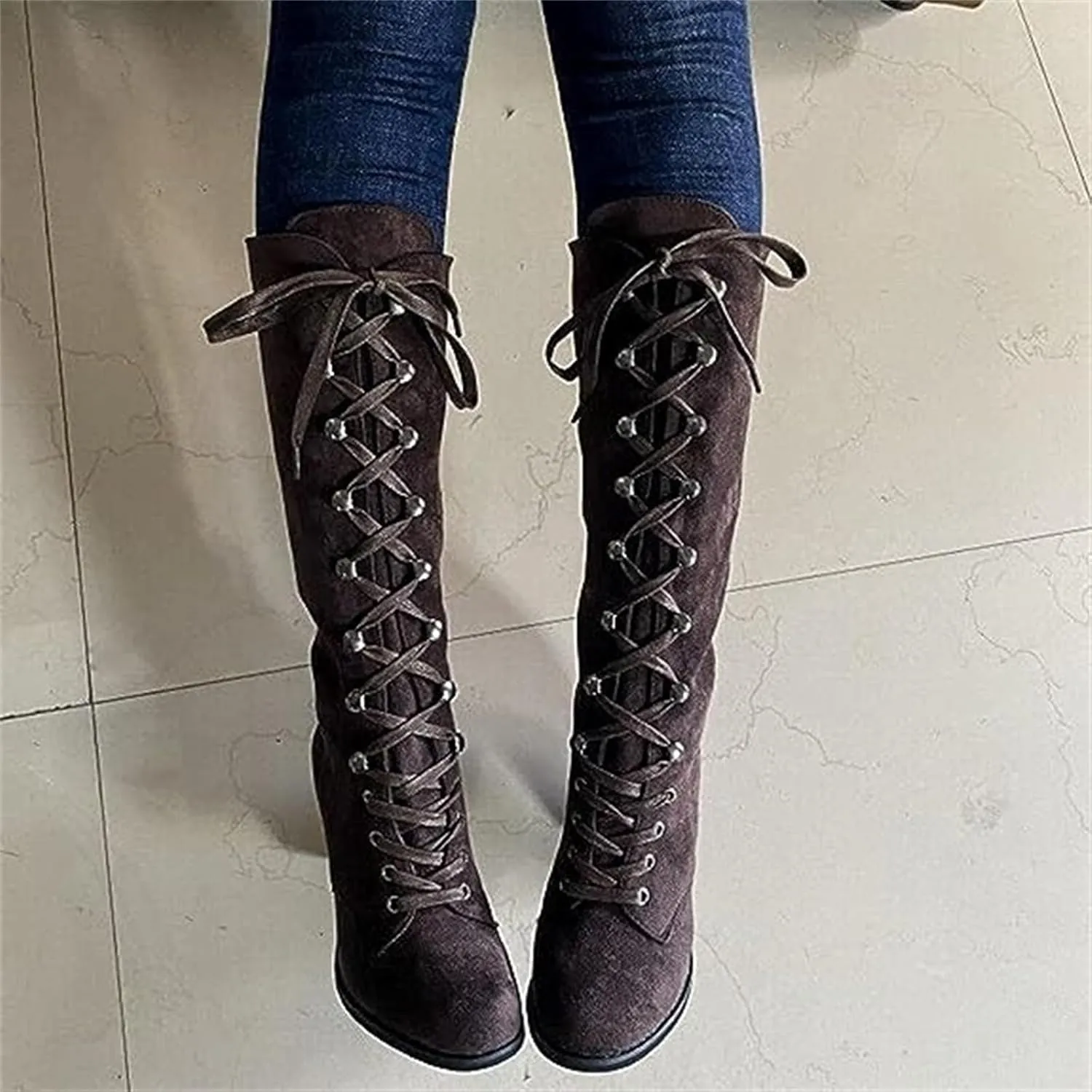 Ladmiple Fall Boots Women Knee High Wide Calf Chunky Stacked Low Block Heels Lace Up Classic Vintage Sexy Dress Shoes