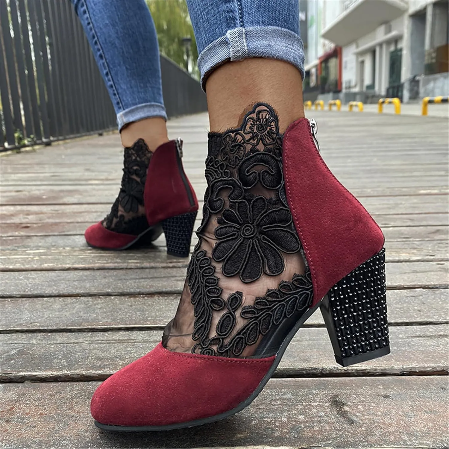 Lausiuoe Ankle Boots For Women Dressy Chunky Heel Cowgirl Cowboy Western Short Booties Wide Width Side Zipper Booties
